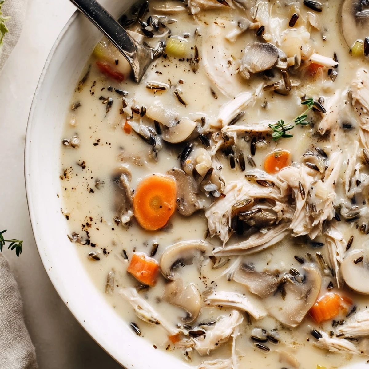 Hearty creamy slow cooker chicken mushroom wild rice soup dotted with sliced mushrooms and fluffy wild rice