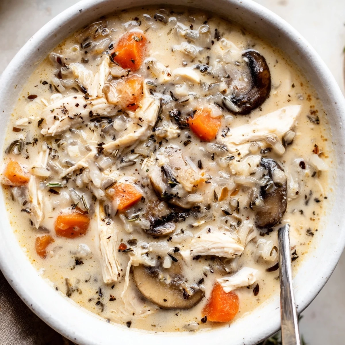 Thick, golden creamy slow cooker chicken mushroom wild rice soup ladled into a rustic ceramic bowl