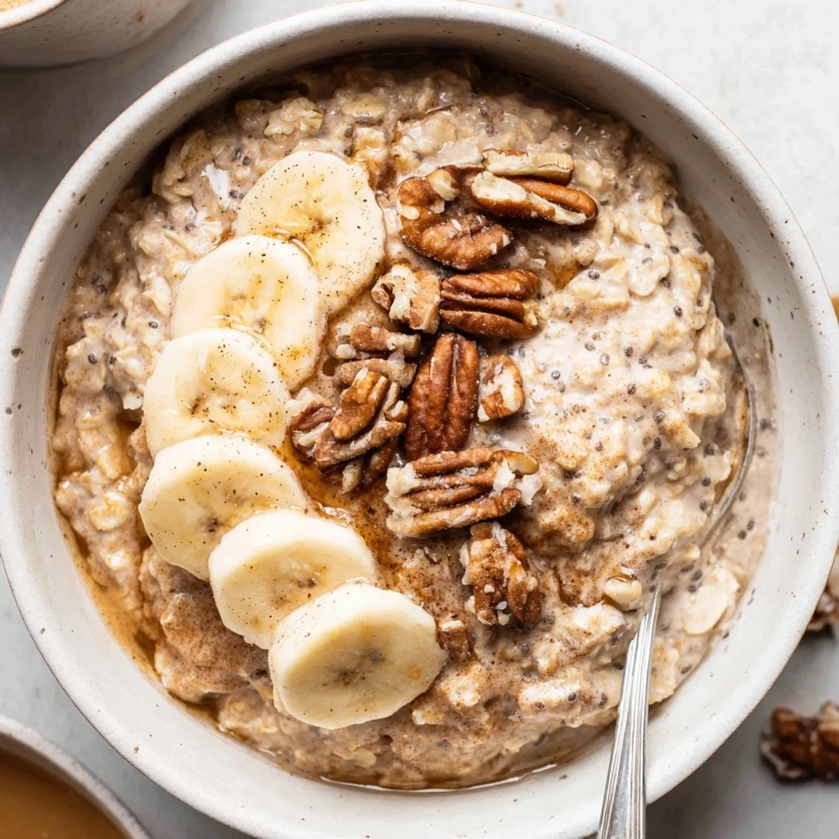 Creamy Brown Sugar Coffee Overnight Oats topped with banana and toasted pecans