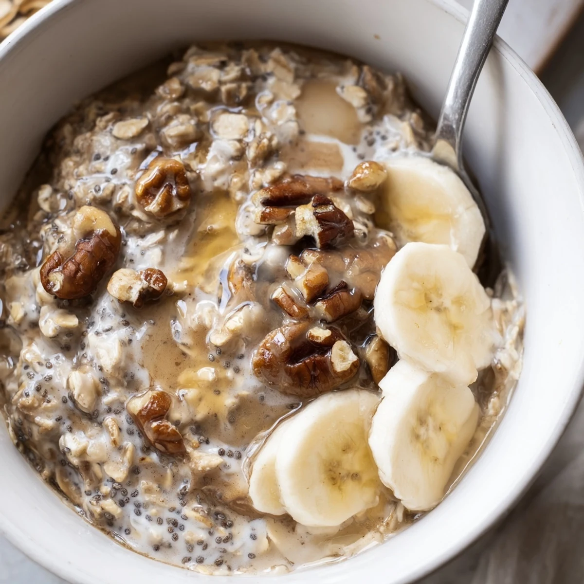 Make-ahead Brown Sugar Coffee Overnight Oats, creamy texture with maple syrup drizzle