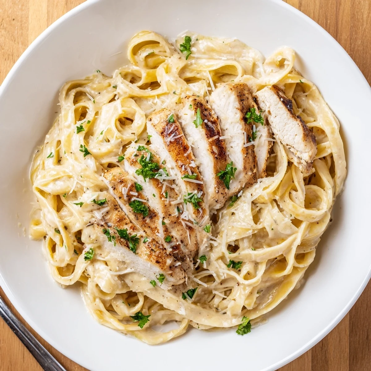 Steaming Creamy Garlic Chicken Pasta twirled fettuccine, grated Parmesan, cozy weeknight meal