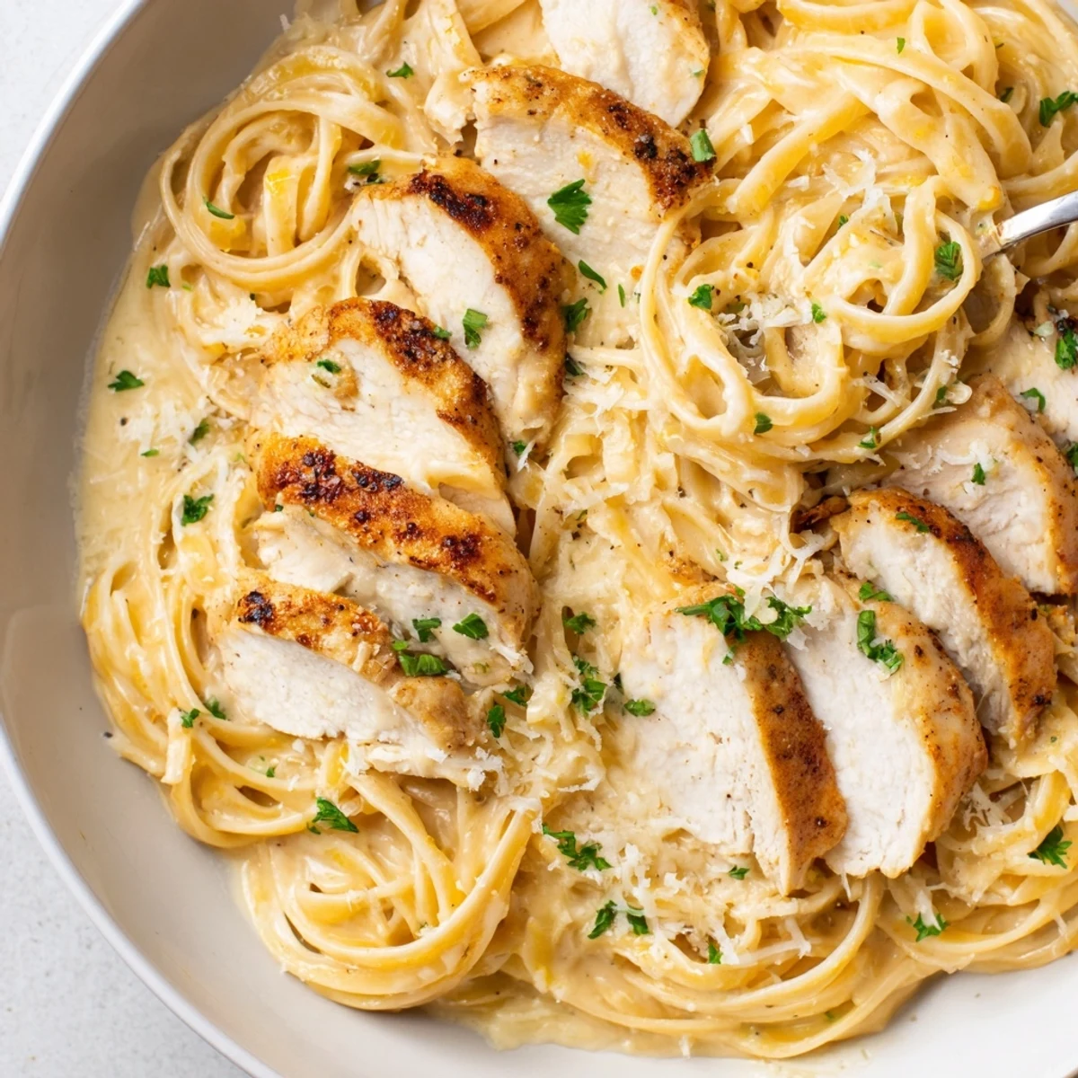 Pan-seared chicken and silky sauce on fettuccine — Creamy Garlic Chicken Pasta