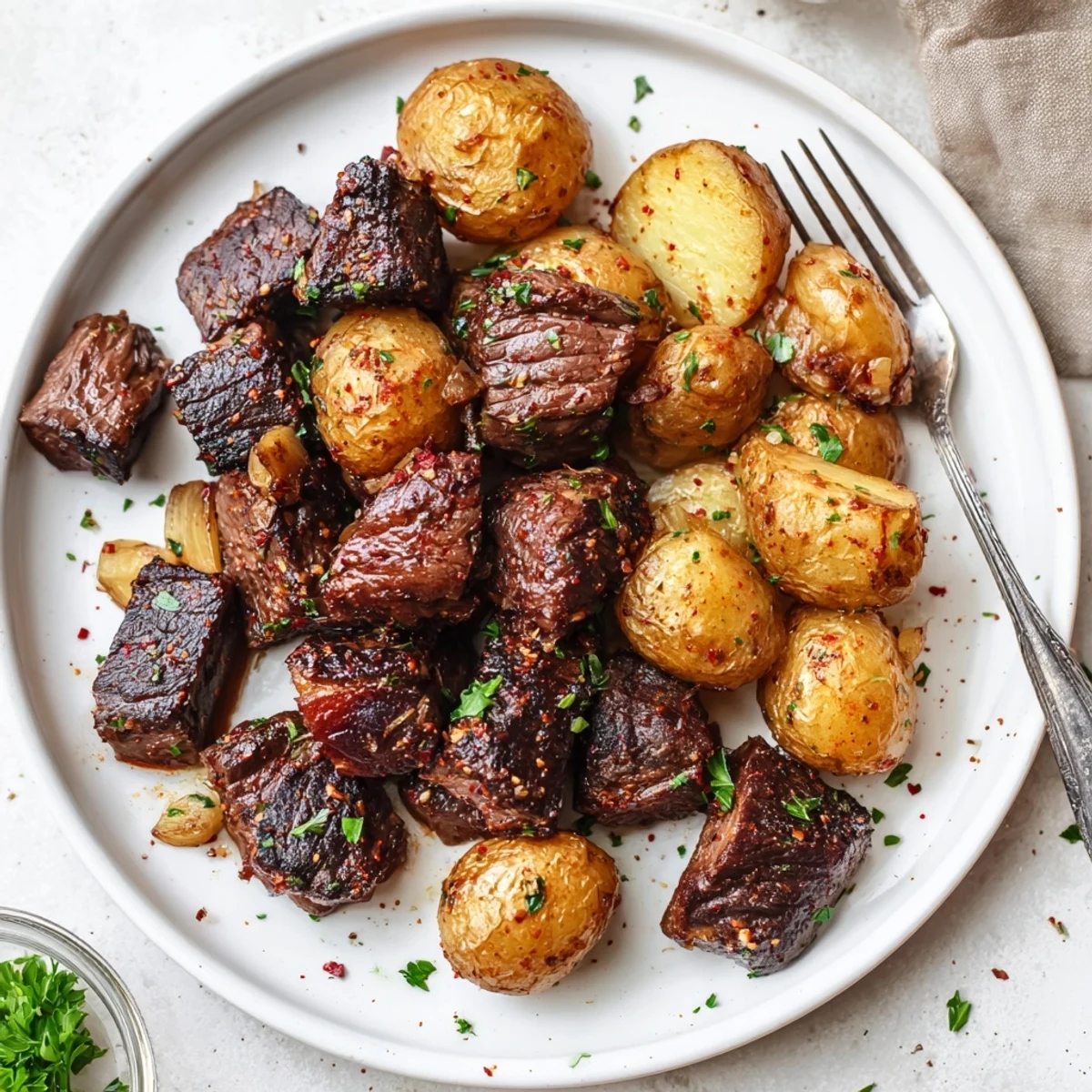 Garlic Steak Bites and Potatoes sizzling in buttery garlic, golden and tender.