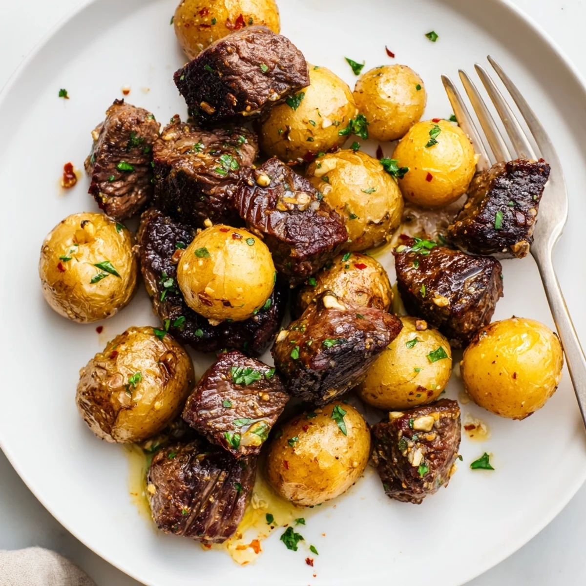 Pan-seared Garlic Steak Bites and Potatoes tossed with parsley, crispy potato edges.