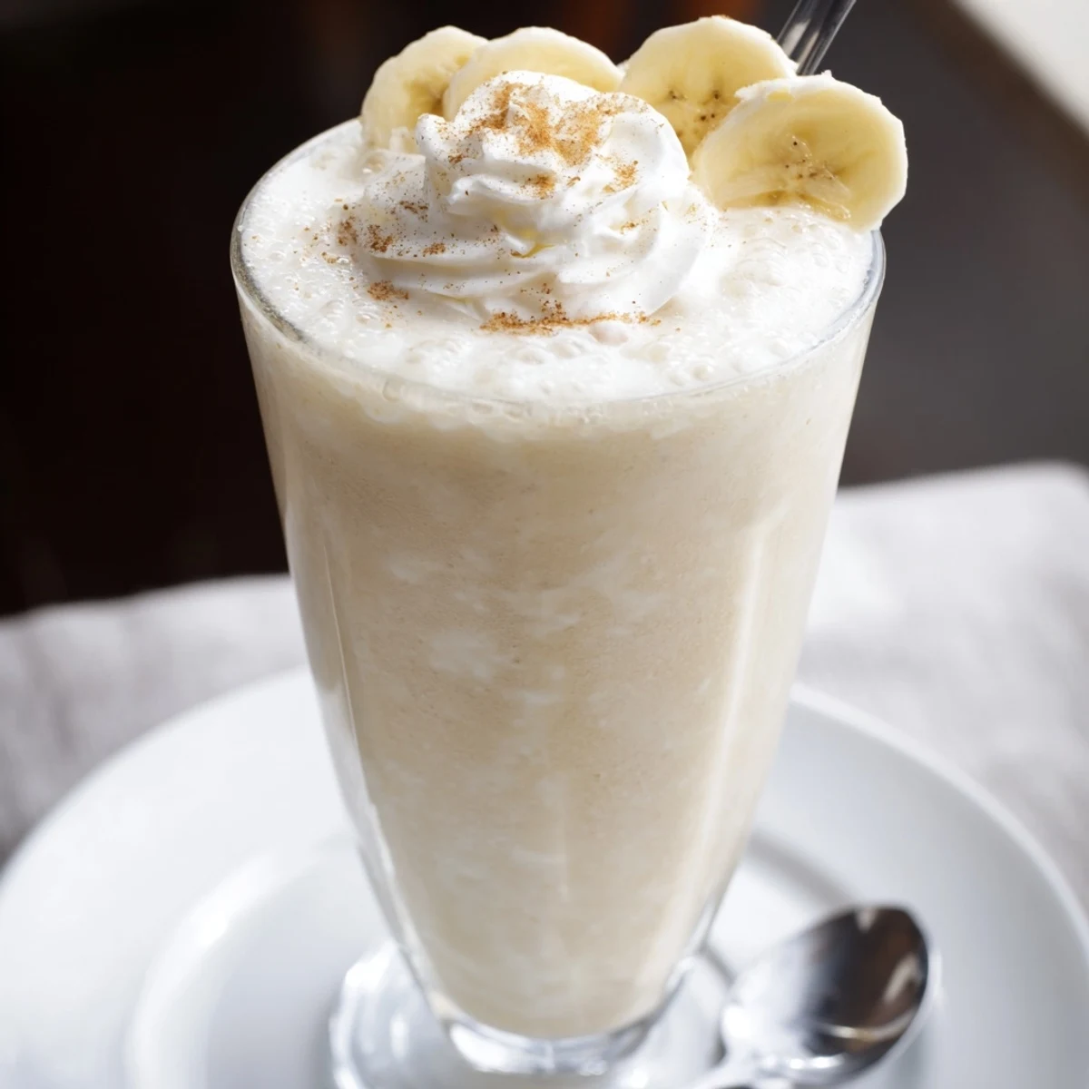 Creamy Vanilla Banana Shake poured into chilled glass with frothy top