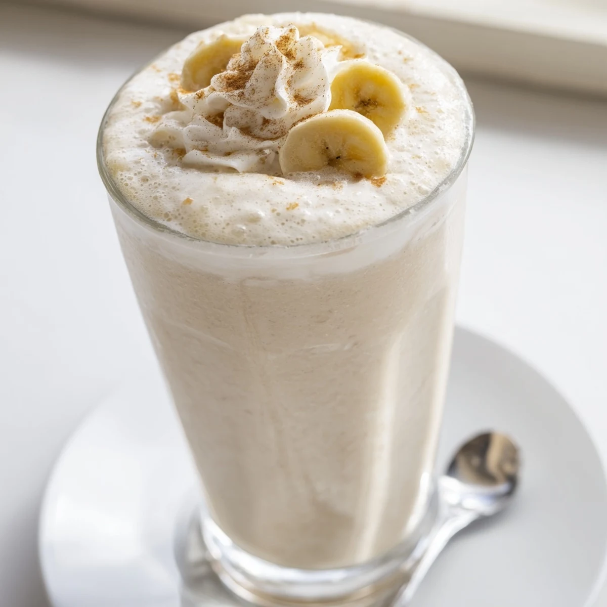Thick Vanilla Banana Shake blended with maple syrup, ice, ready to sip