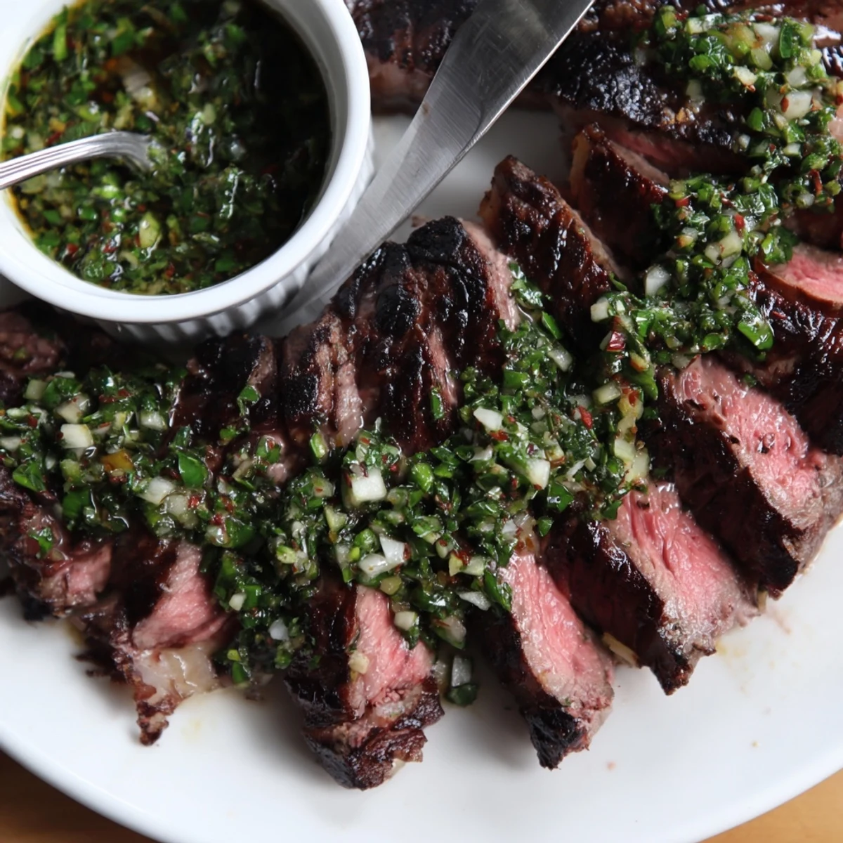 Chimichurri Steak Recipe showcasing a juicy grilled ribeye topped with vibrant herbs