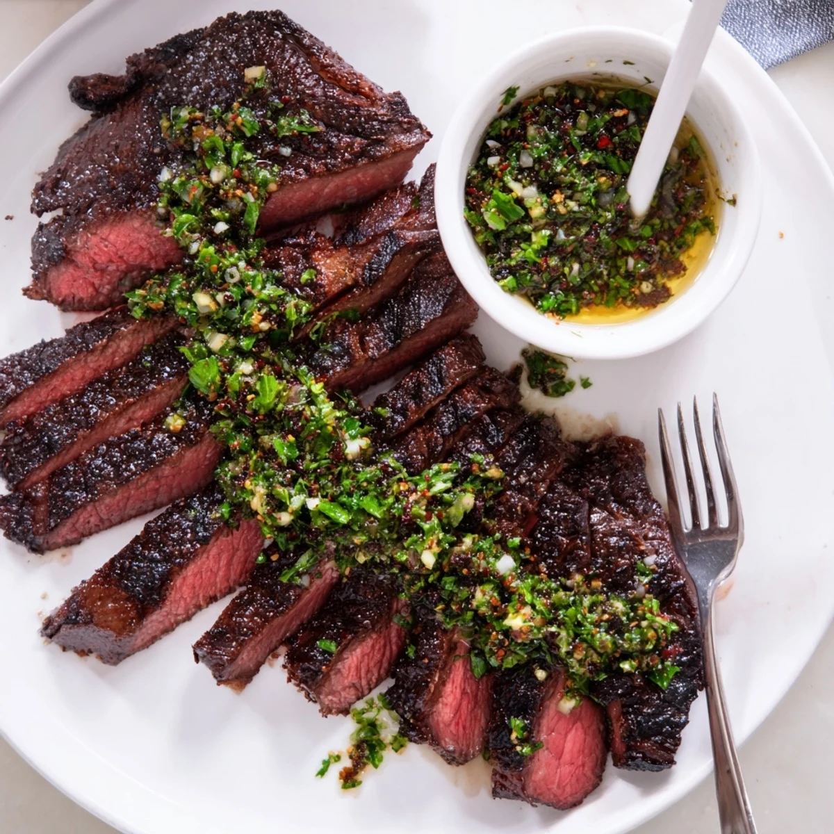 Grilled, sliced Chimichurri Steak Recipe served warm with zesty sauce and char