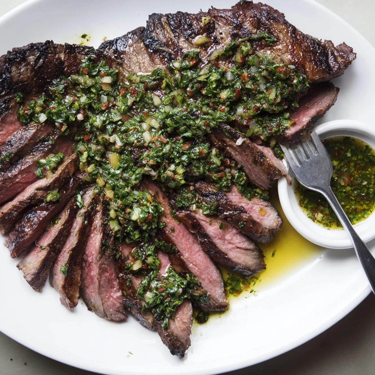 Weeknight Chimichurri Steak Recipe plated with lemon wedges, coarse salt, herb aroma