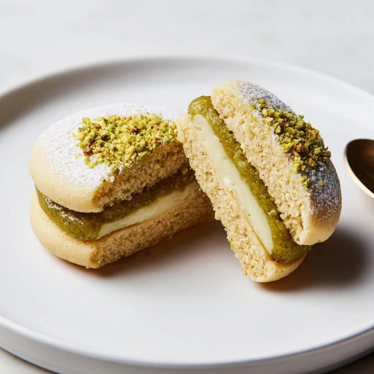 Homestyle Pistachio Cream Cookies stacked on a plate, nutty aroma and delicate crumb
