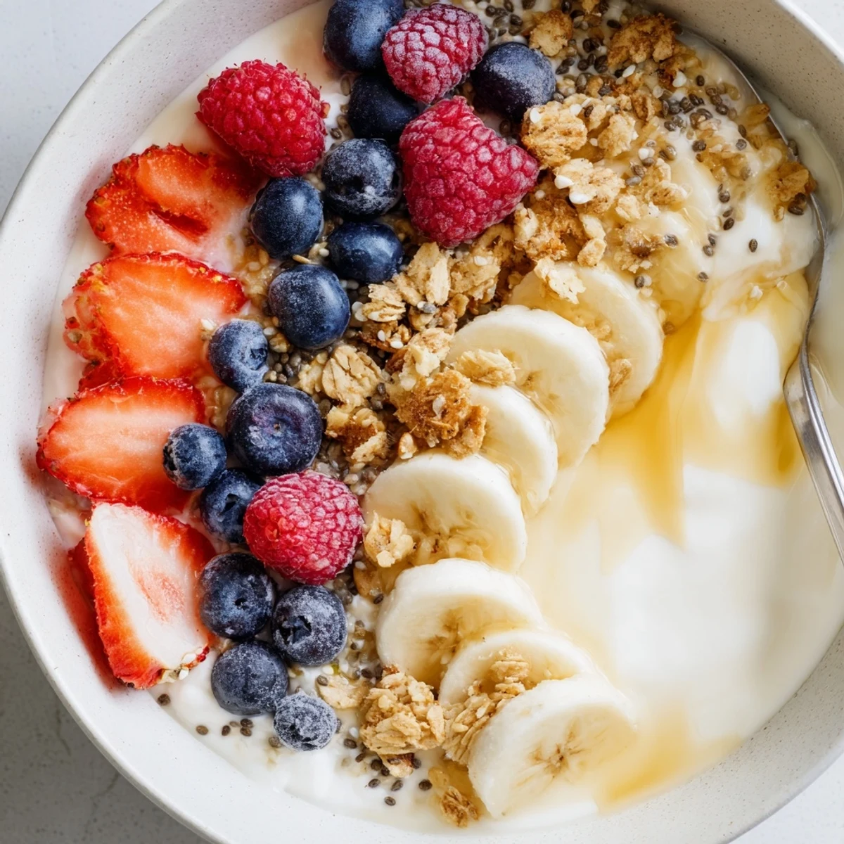 Creamy Cottage Cheese Breakfast Bowl topped with banana slices, chia seeds, served immediately.
