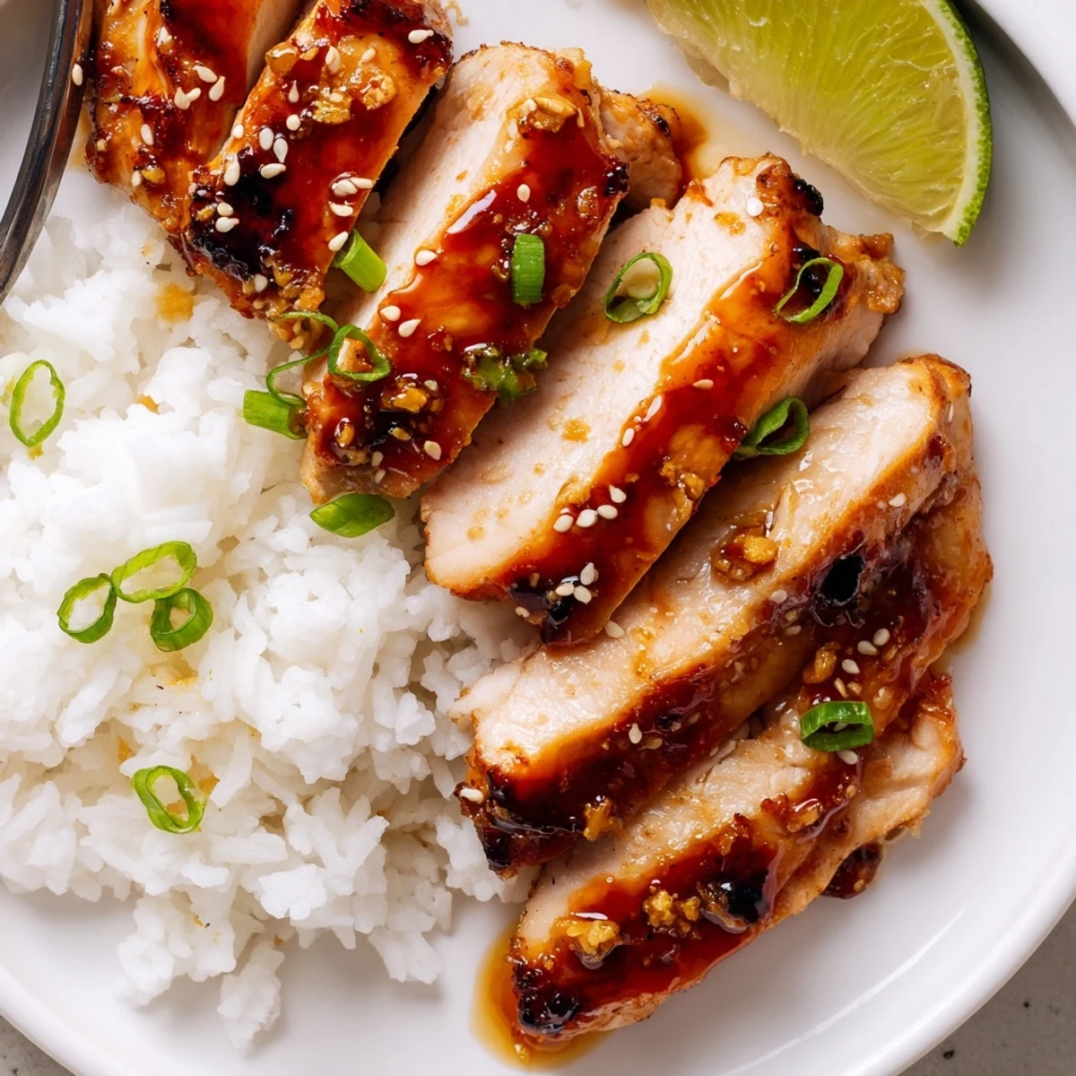 Steaming Spicy Maple Chicken And Coconut Rice glazed, garnished with green onions and lime
