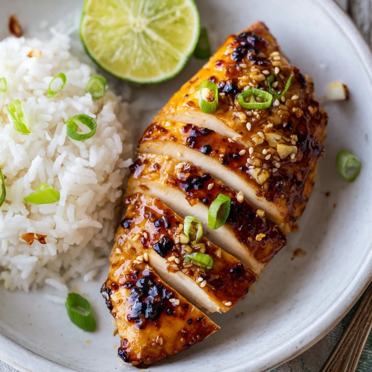 Spicy Maple Chicken And Coconut Rice plated over fragrant jasmine, sprinkled with toasted sesame