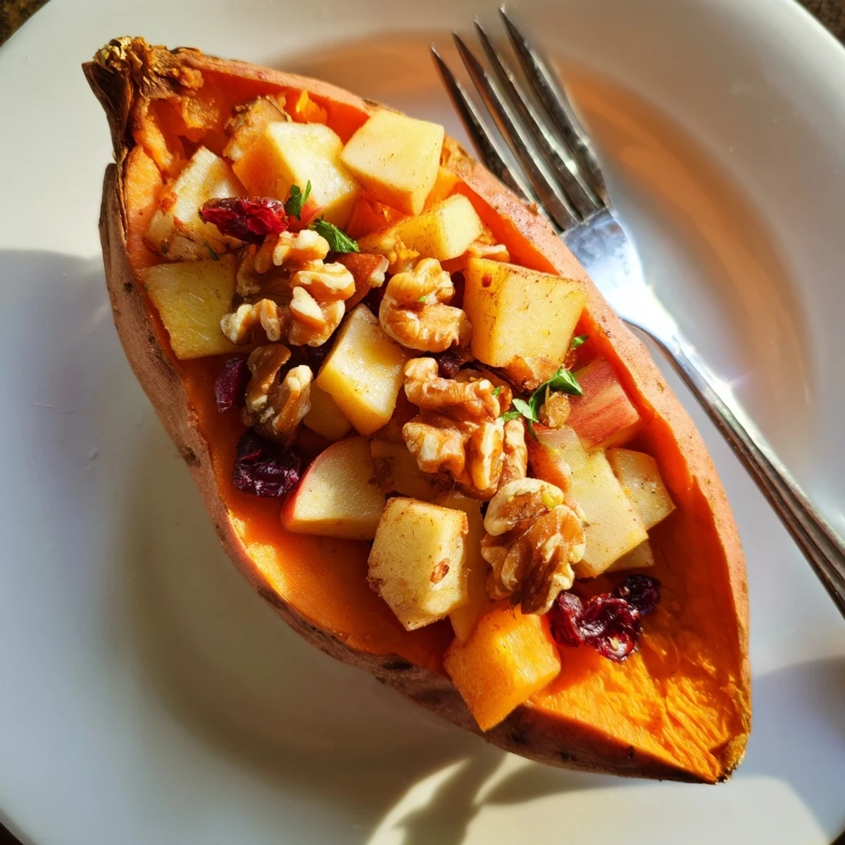 Oven-roasted Stuffed Sweet Potatoes With Apples, cinnamon aroma and crunchy walnuts.