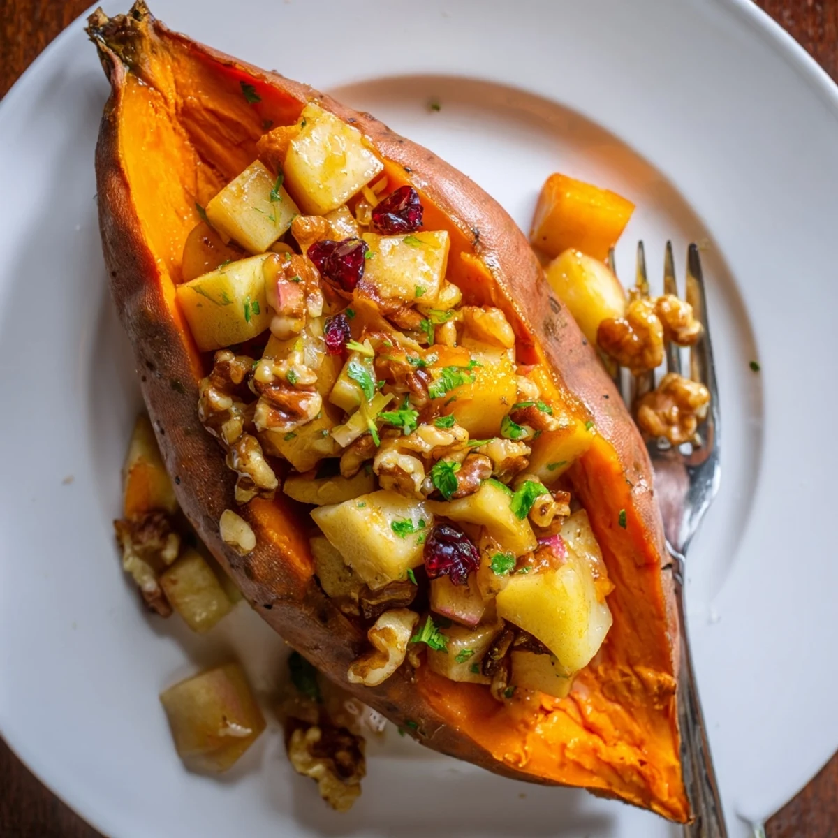Split open and maple-drizzled, these Stuffed Sweet Potatoes With Apples give warm cinnamon aroma.