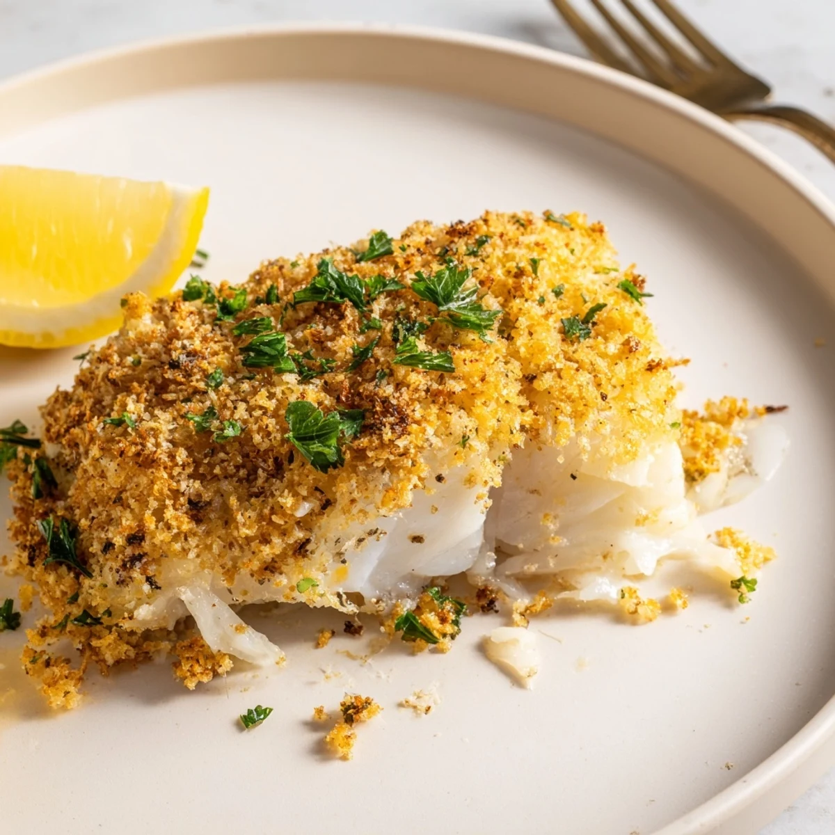 Boston Baked Cod with golden breadcrumb crust and lemon wedges, steaming  