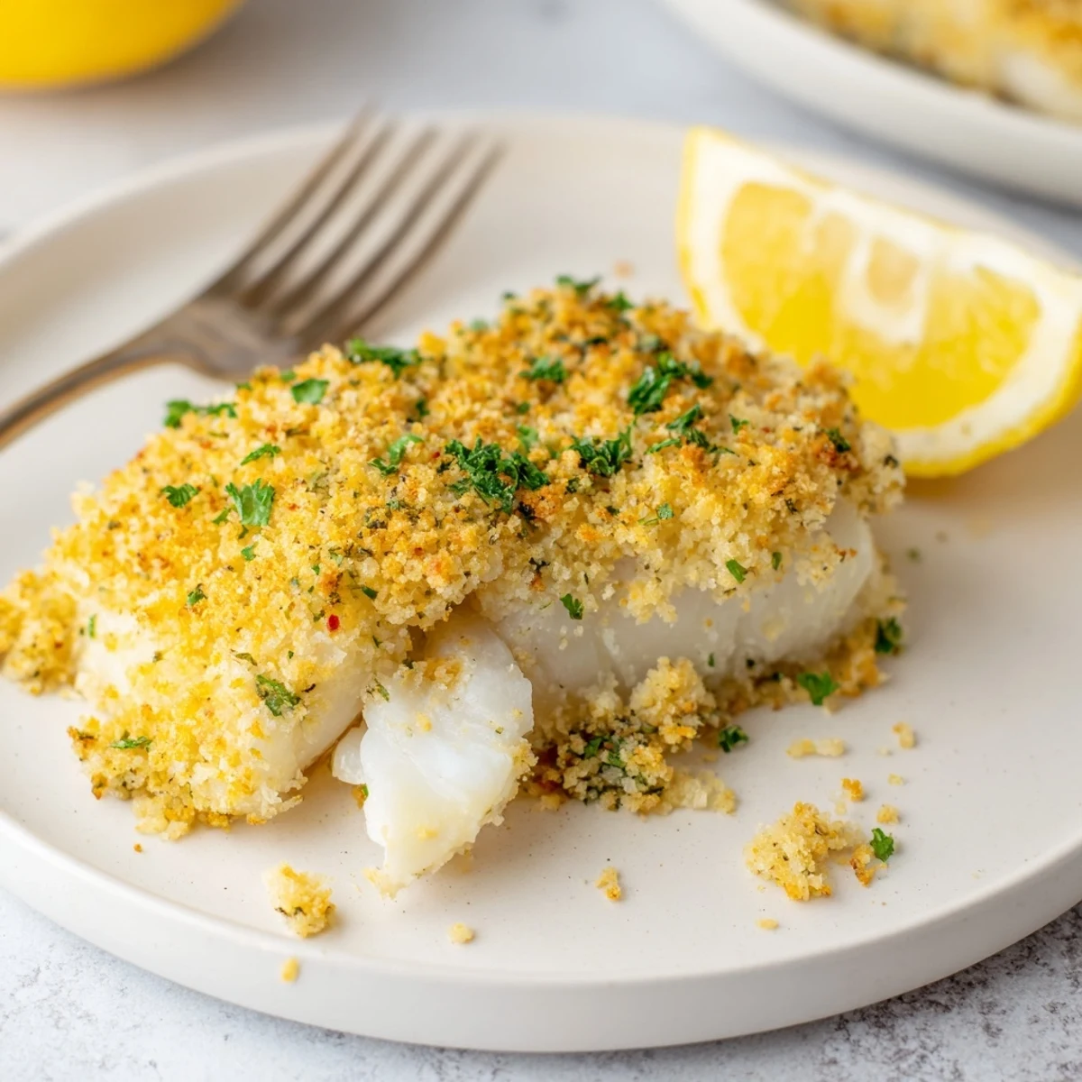 Flaky Boston Baked Cod crowned with parsley breadcrumbs, buttery and warm  