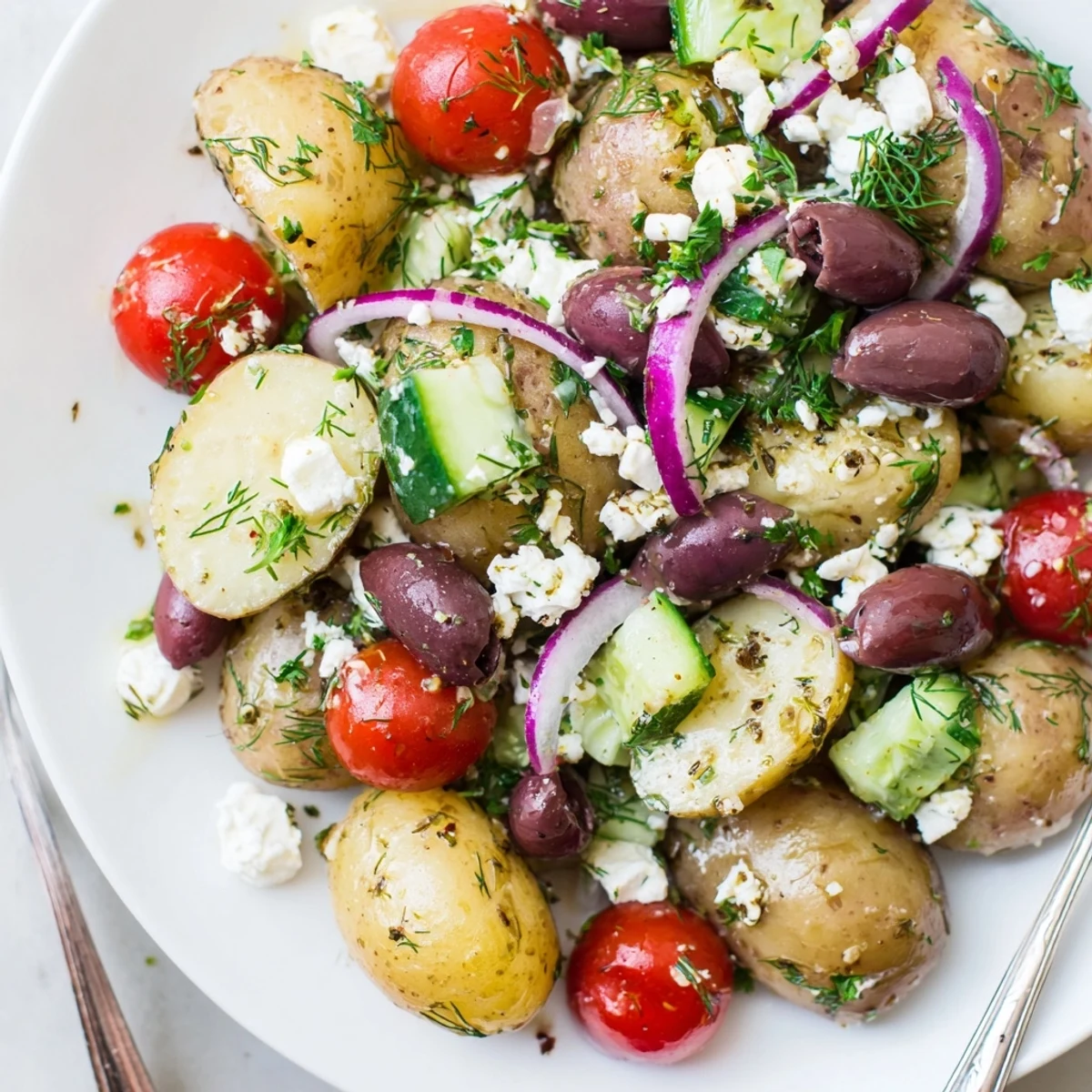Olive Greek Potato Salad with creamy potatoes, briny Kalamata olives, lemony dressing.