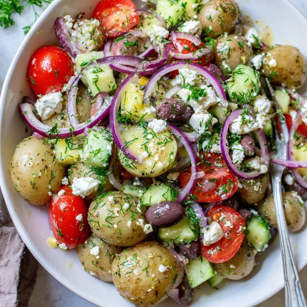 Bright bowl of Olive Greek Potato Salad with crisp cucumber, fresh dill.