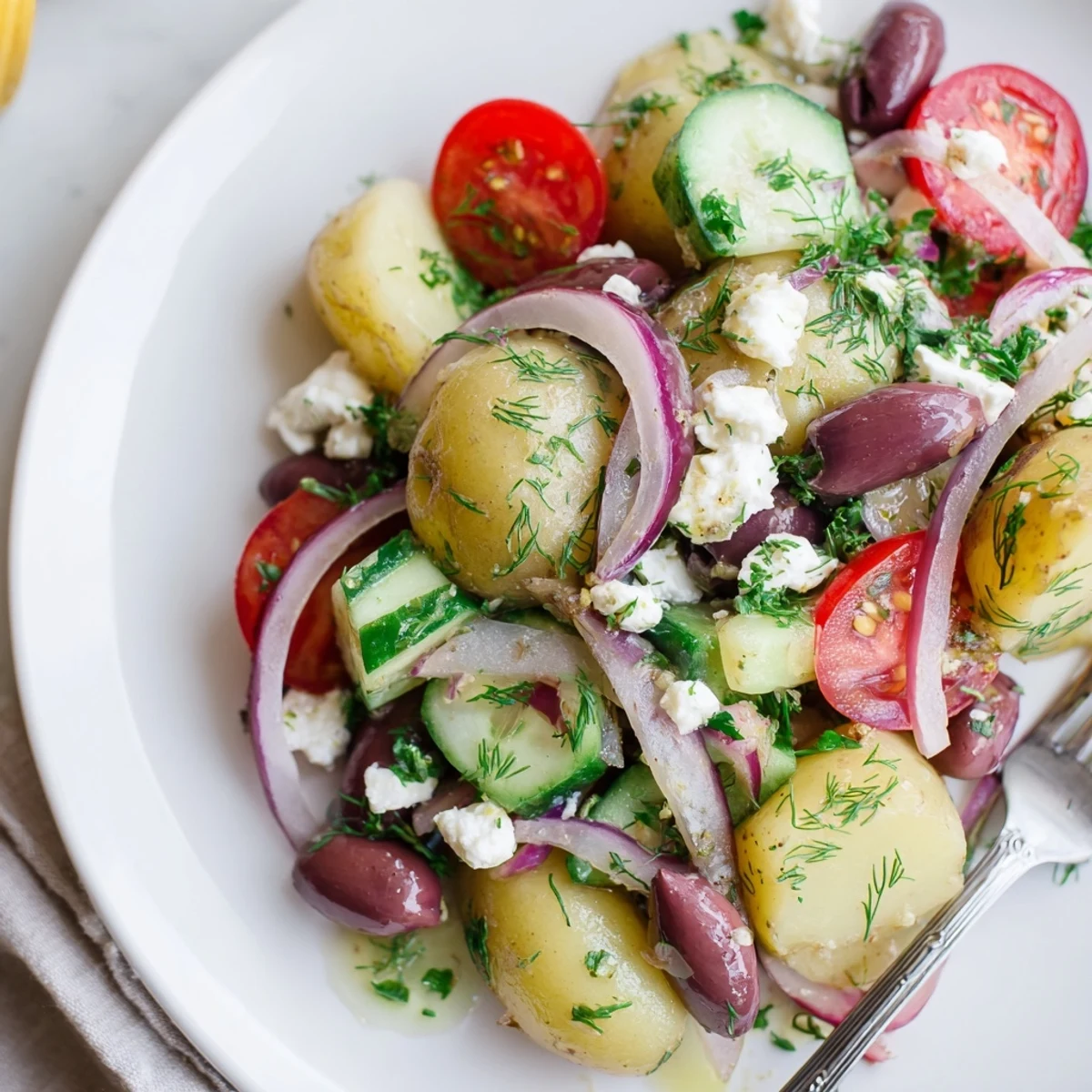 Crunchy red onion and briny olives highlight this Olive Greek Potato Salad.