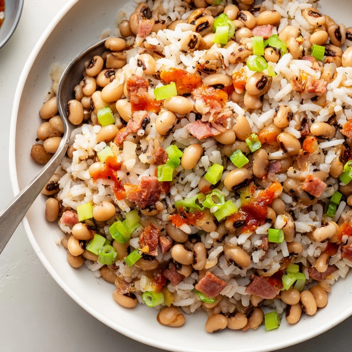 Hearty Smoky Southern Hoppin John steaming in bowl, garnished with sliced green onions