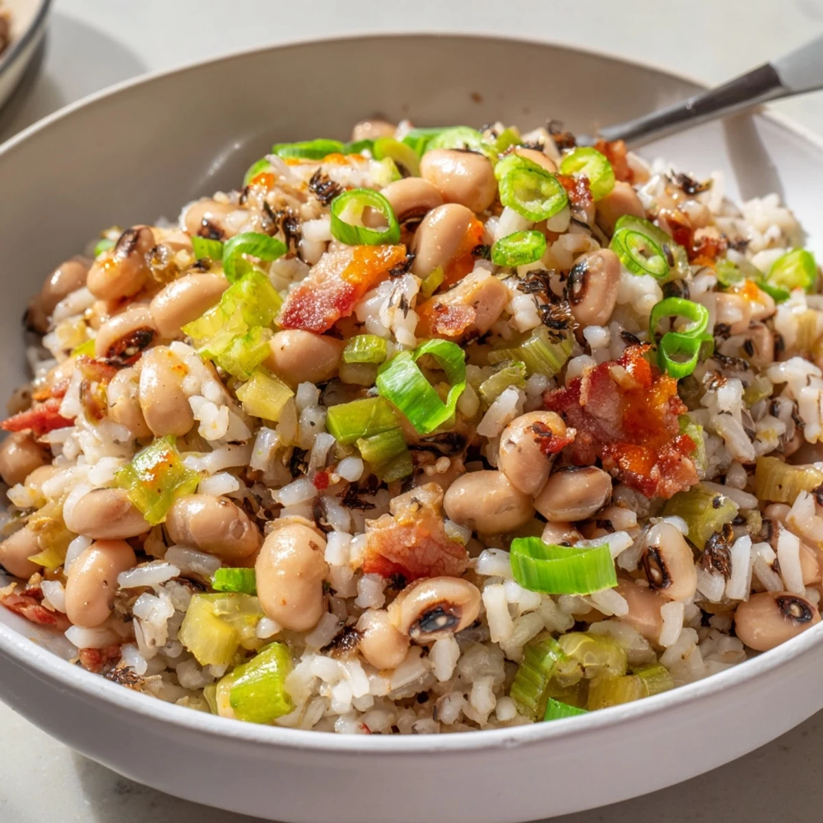 Close-up spoonful of Hearty Smoky Southern Hoppin John showing tender peas, fluffy rice