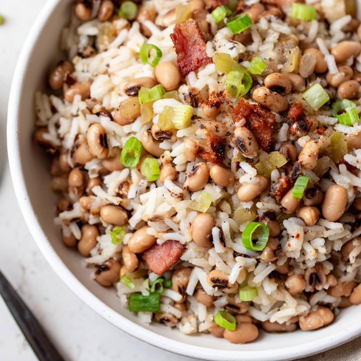 Bowl of Hearty Smoky Southern Hoppin John with crumbled bacon and cornbread