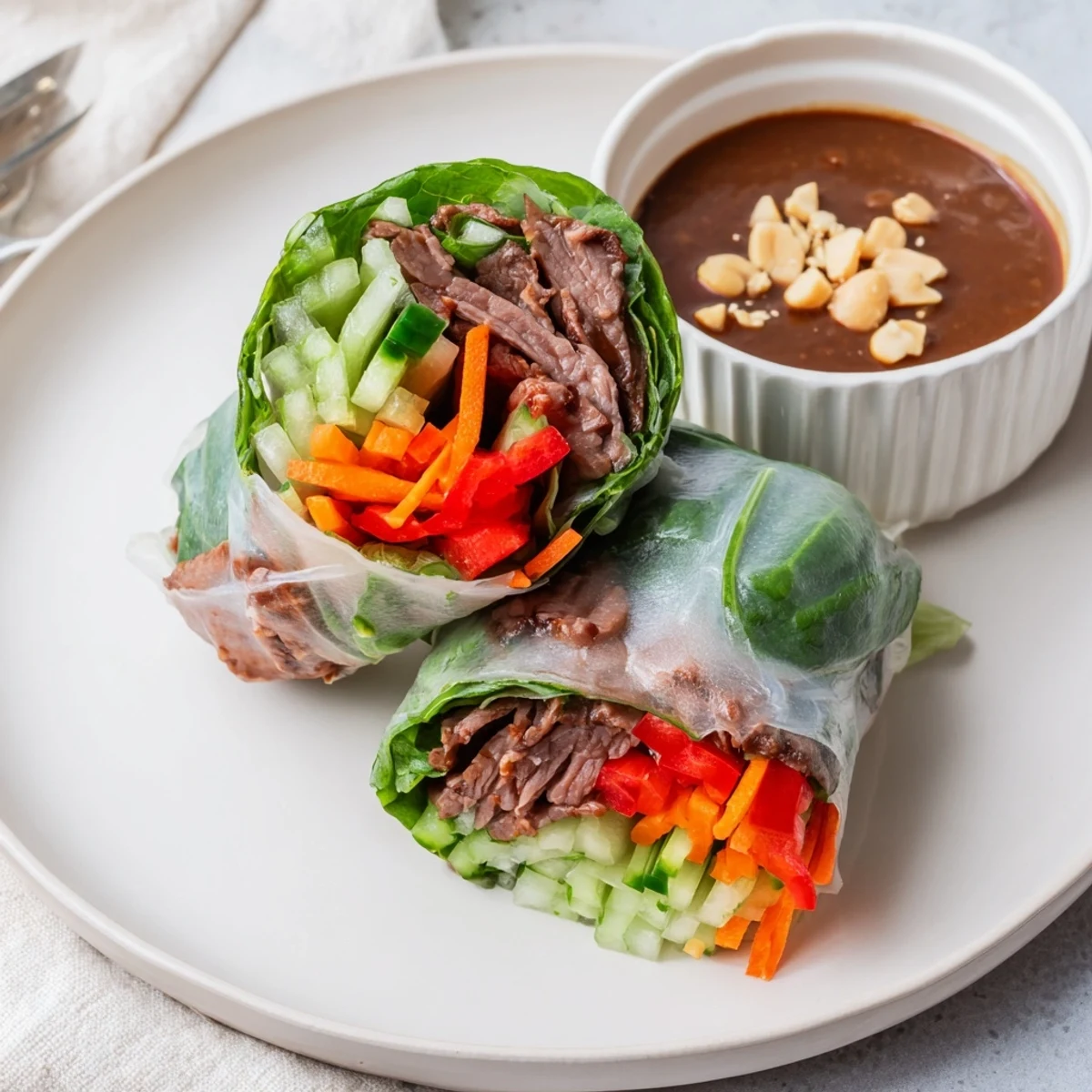 Thai Basil Beef Rolls with glossy rice paper, juicy beef, crunchy vegetables  