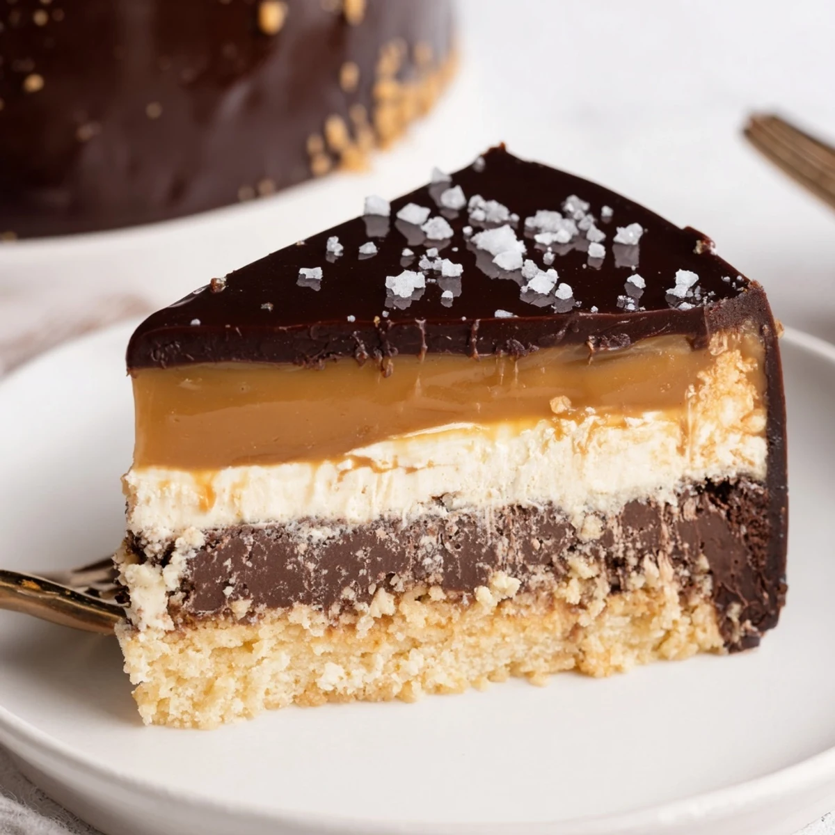 Sliced Luxurious Millionaire Cheesecake showing biscuit base, creamy filling, sticky caramel