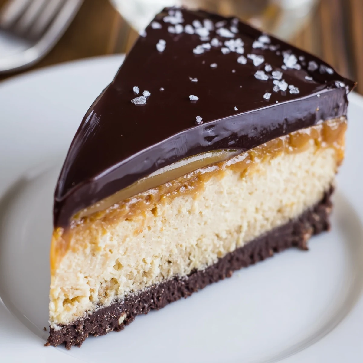 Luxurious Millionaire Cheesecake with glossy chocolate ganache and salted caramel drizzle