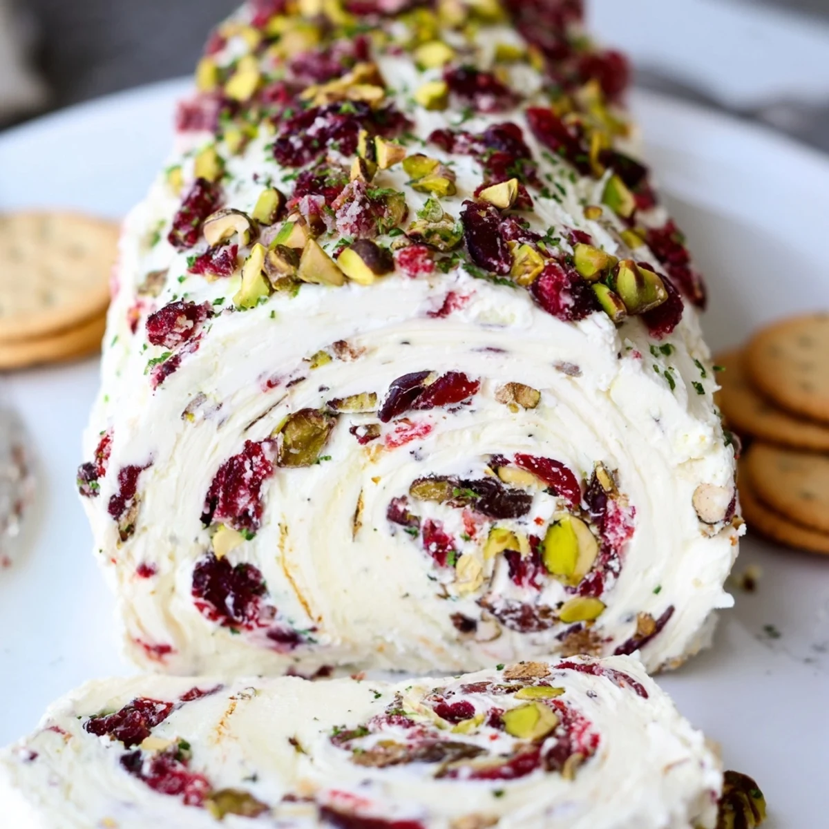 Cranberry Pistachio Cheese Log rolled in chopped nuts, ready with crackers.