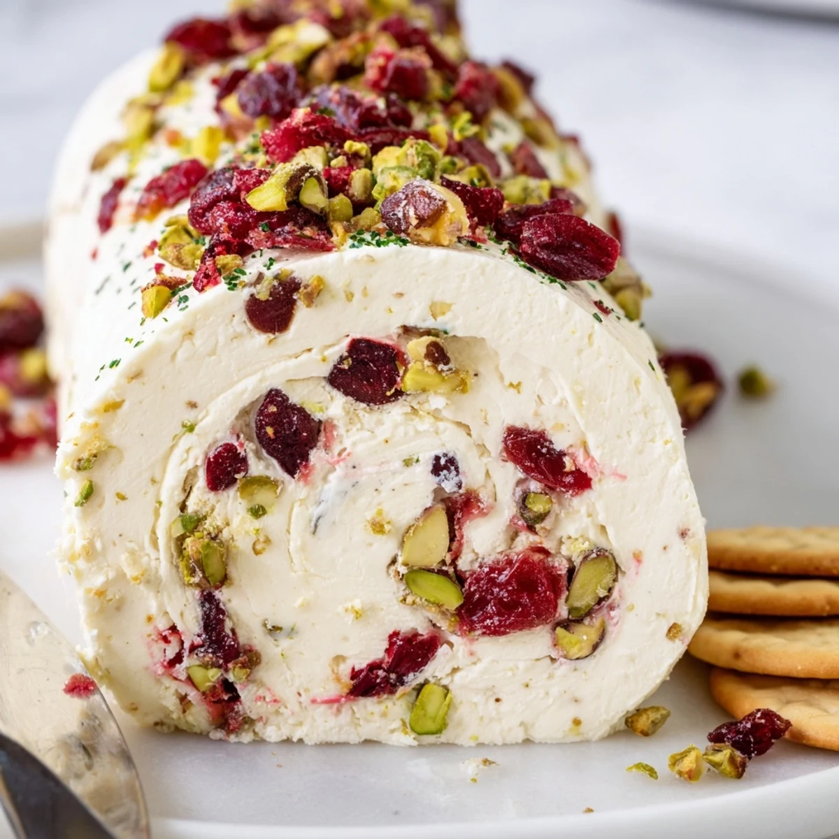 Creamy Cranberry Pistachio Cheese Log on platter with baguette slices and herbs.