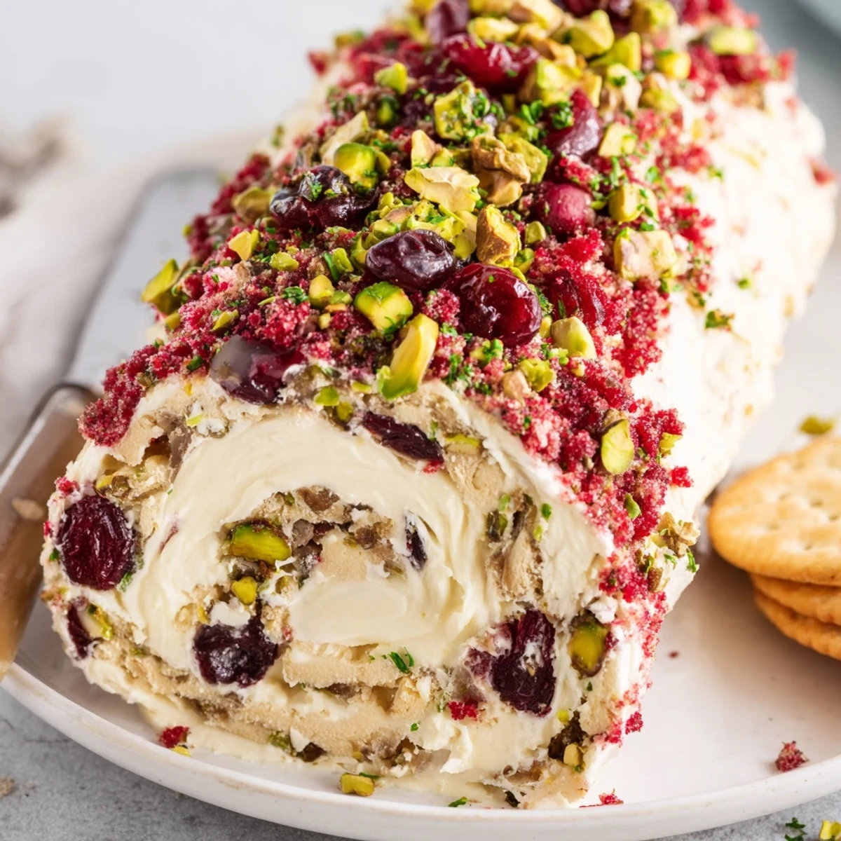 Chilled Cranberry Pistachio Cheese Log sliced on wooden board, tangy and crunchy.