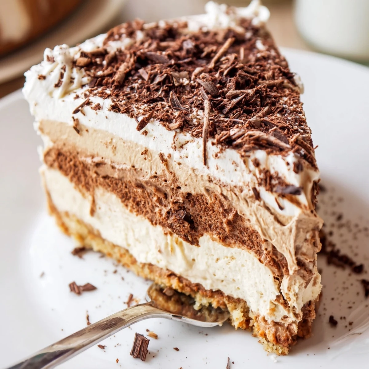 Decadent Creamy Coffee Infused Tiramisu Cheesecake topped with cocoa and chocolate shavings