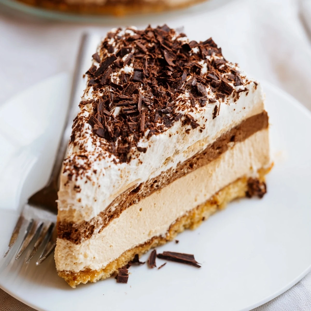 A slice of Decadent Creamy Coffee Infused Tiramisu Cheesecake showing creamy layers, crunchy crust