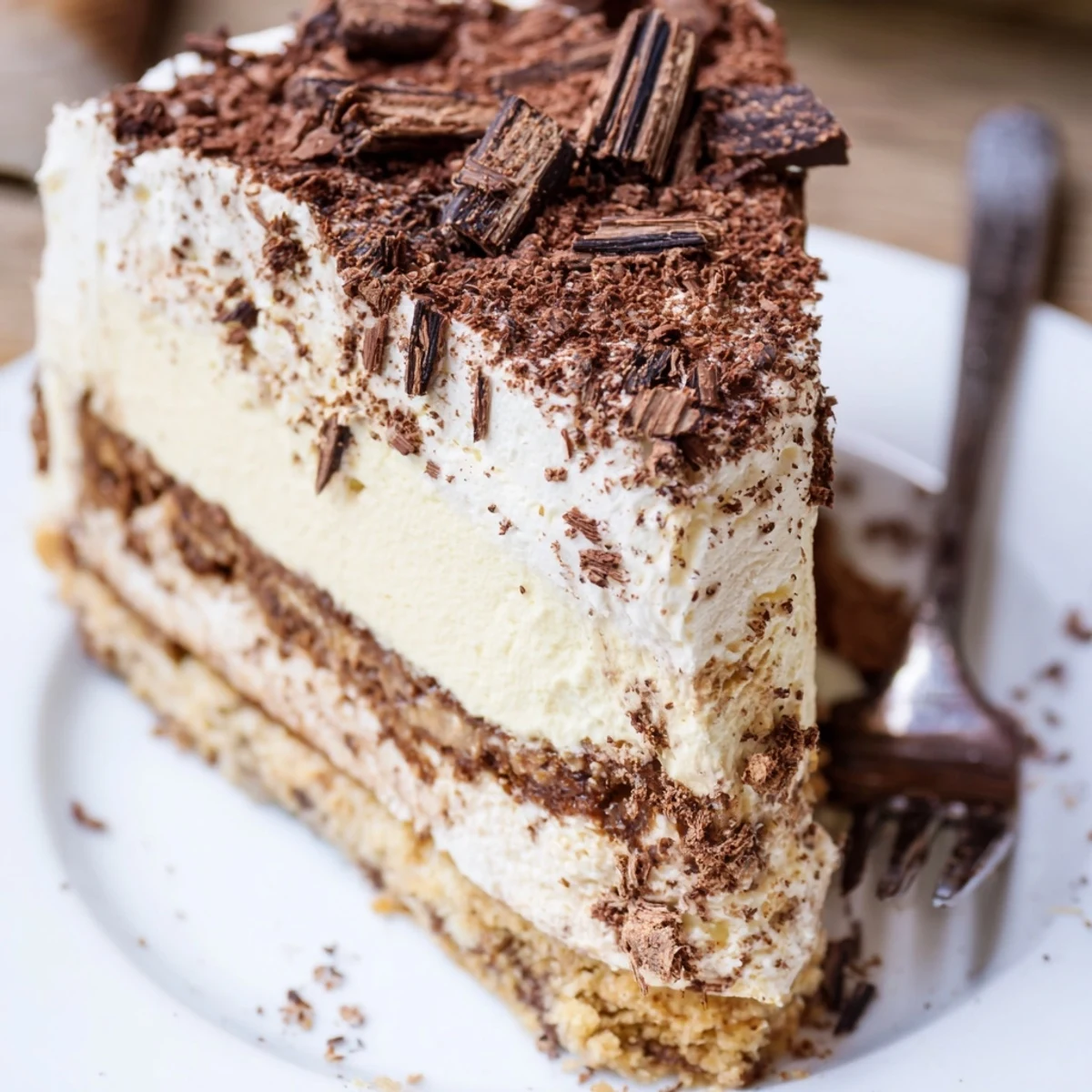 A chilled Decadent Creamy Coffee Infused Tiramisu Cheesecake, coffee-soaked and ready to serve