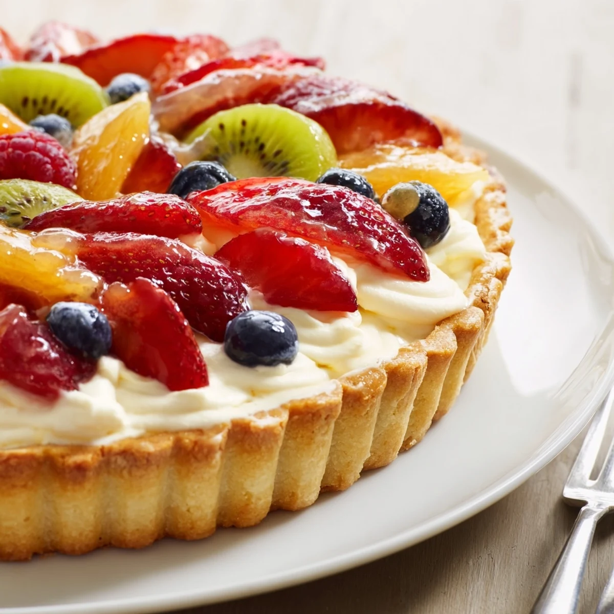 Fruit Tart With Mascarpone glistening with apricot glaze, creamy filling, crisp crust