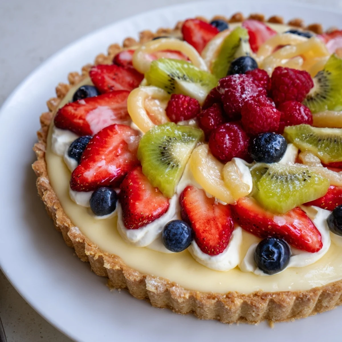 Sliced Fruit Tart With Mascarpone on a cooling rack, vibrant fresh berries