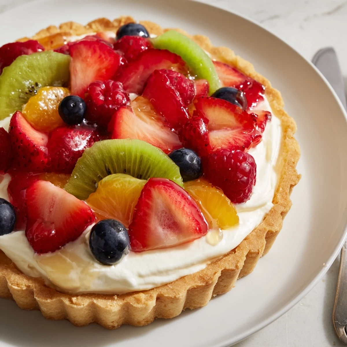 Fork ready Fruit Tart With Mascarpone topped with glossy strawberries and bright kiwi