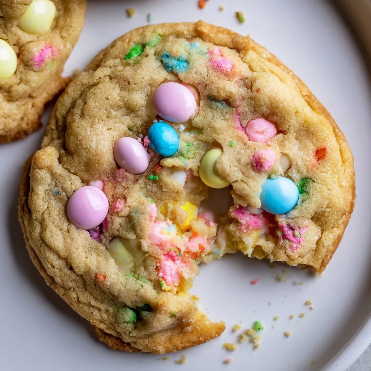 Easter Funfetti Cookies piled on parchment, soft centers, pastel sprinkles.  