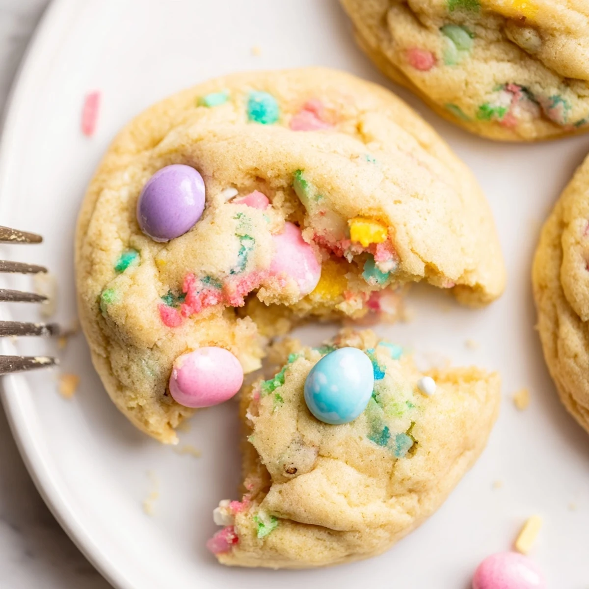 Fresh baked Easter Funfetti Cookies with melted candy centers, cooling on rack.  