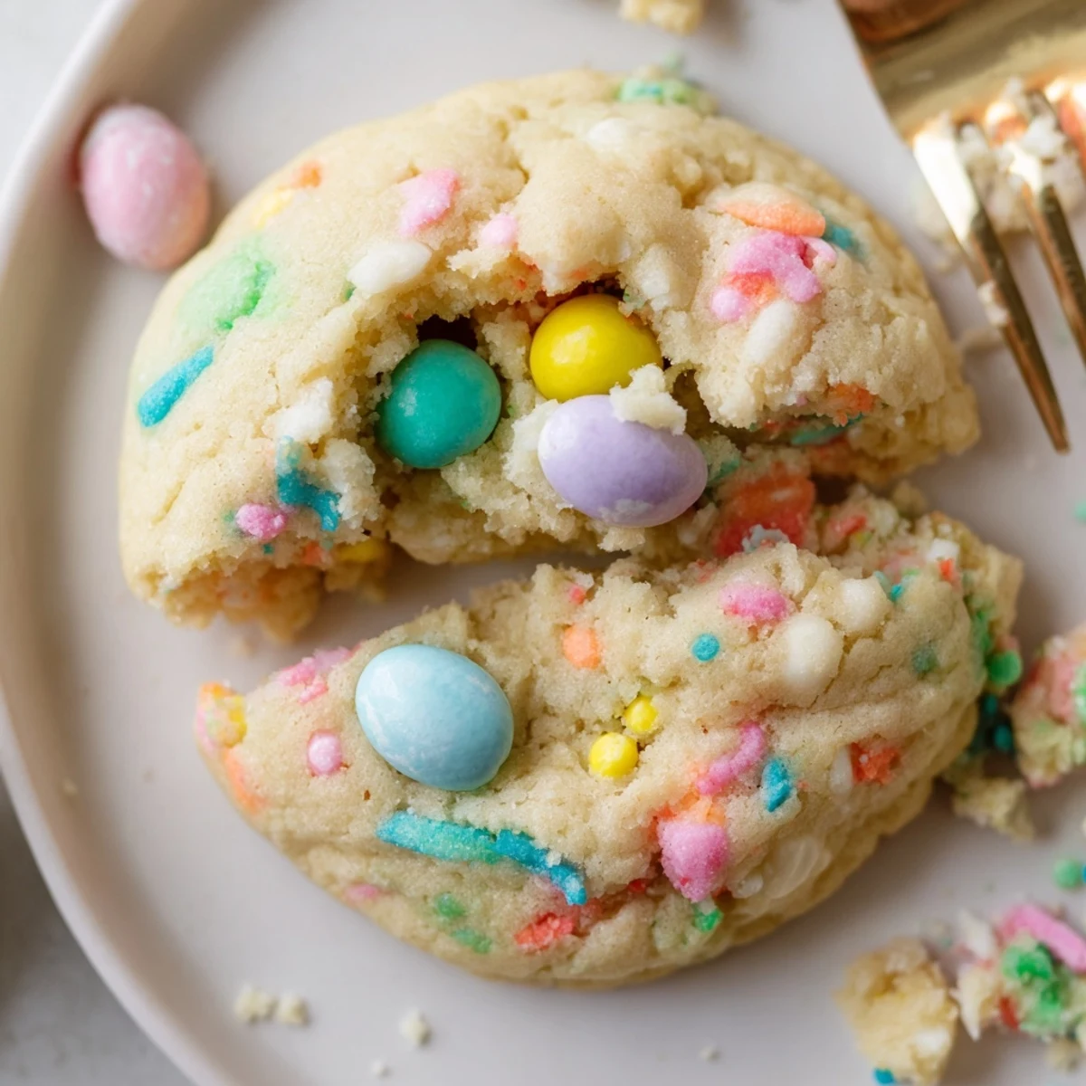 Stack of Easter Funfetti Cookies served on plate, buttery aroma, colorful candies.