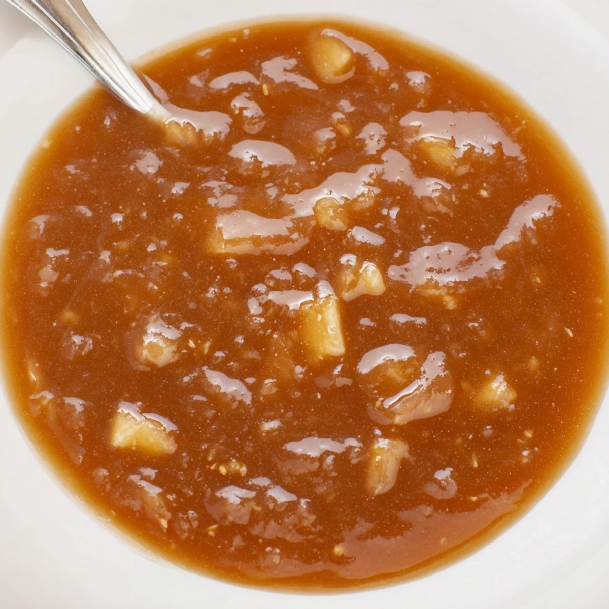 Spoonful of warm Fall Caramel Apple Jam melting into buttered toast