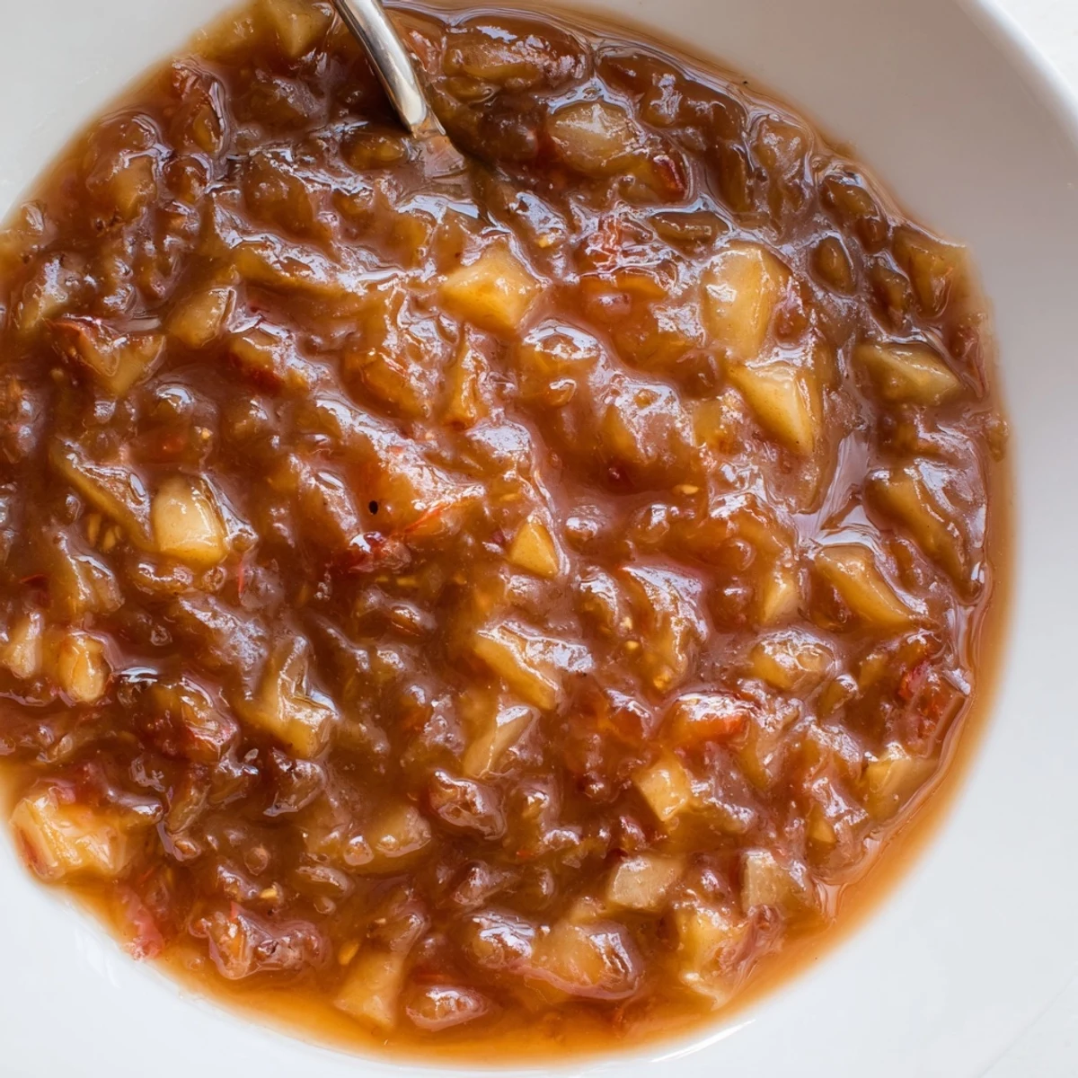 Stovetop pot of simmering Fall Caramel Apple Jam, cinnamon steam rising