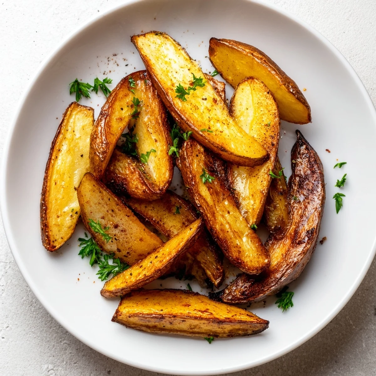 Crispy oven-baked Potato Wedges with golden edges, fluffy centers, parsley garnish