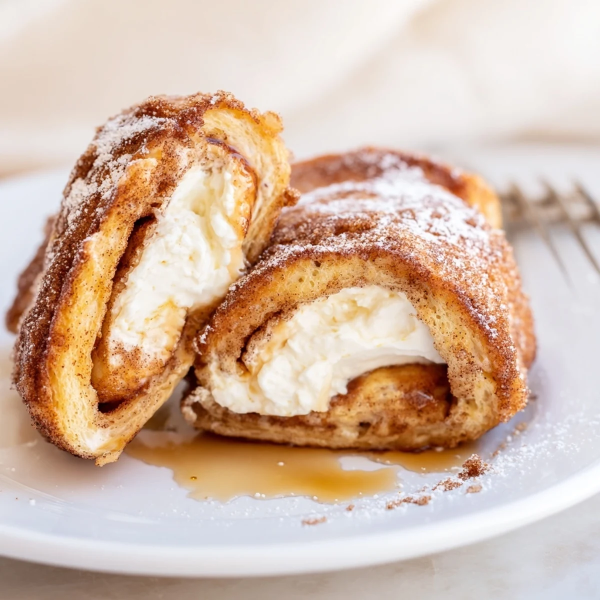 Buttered skillet browning Cinnamon Roll French Toast Roll Ups, served hot with maple syrup