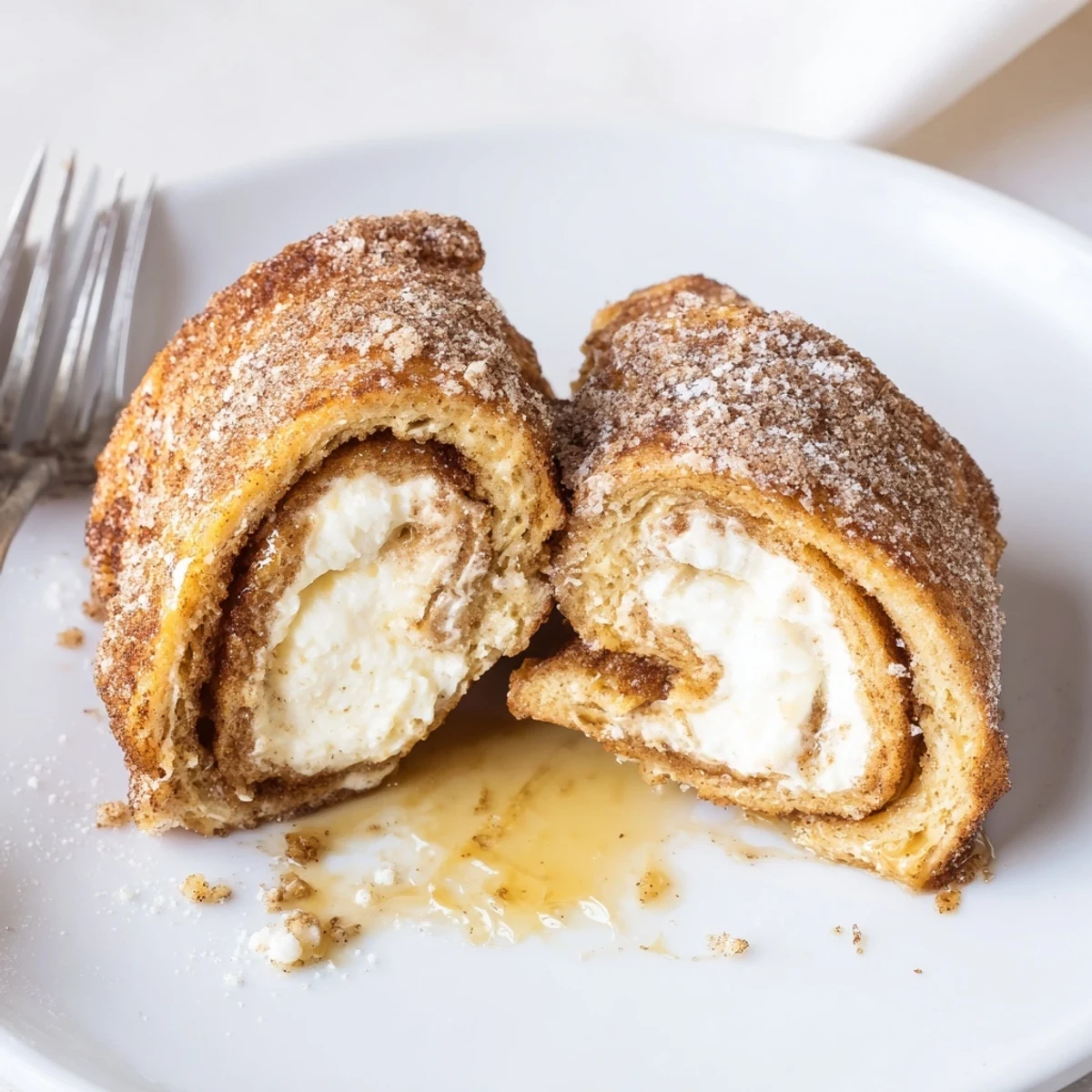 Cinnamon Roll French Toast Roll Ups with golden cinnamon-sugar crust and cream cheese filling
