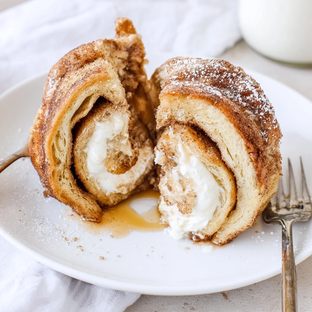 Stacked Cinnamon Roll French Toast Roll Ups dusted with powdered sugar, perfect for brunch