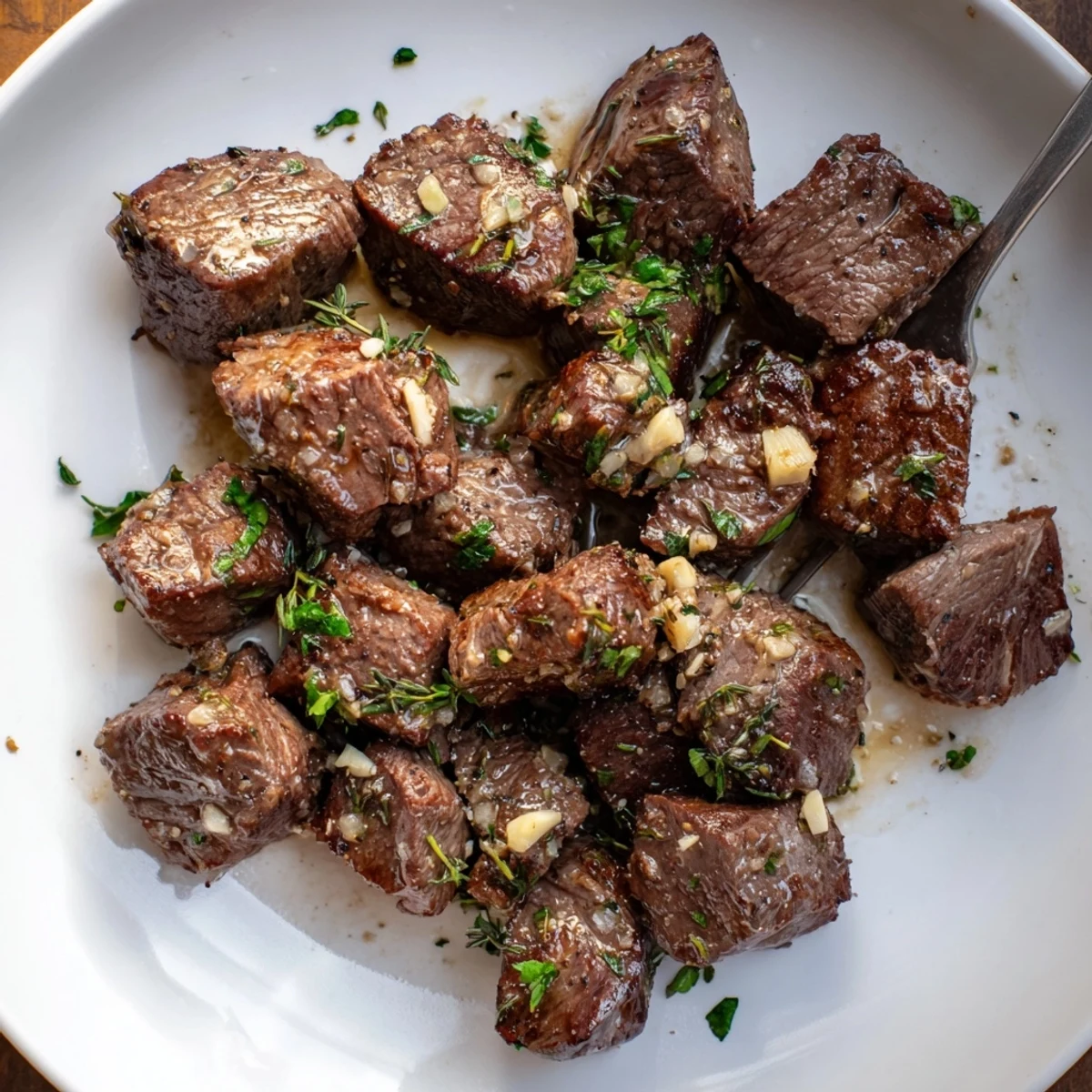 Sizzling Garlic Butter Steak Bites in cast-iron, browned crust and glossy butter  