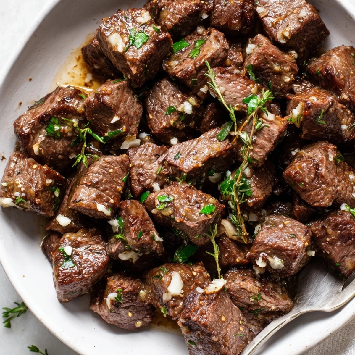 Pan-seared Garlic Butter Steak Bites tossed with parsley, served with crusty bread  
